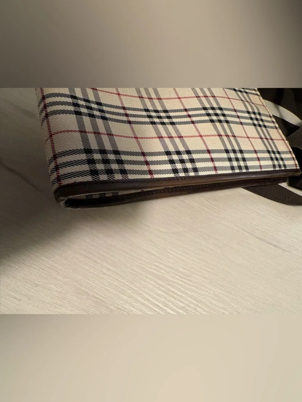 Burberry Beige Black Red Plaid Messenger Bag with‎ Brown Strap